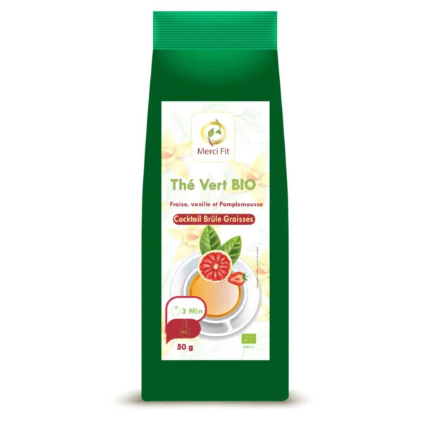 Thé vert Bio – Cocktail Brûle graisses (Fraise/vanille/Pamplemousse), MERCI FIT